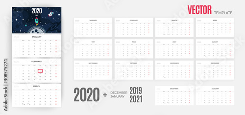 2020 Calendar wall template. Vector colorful design