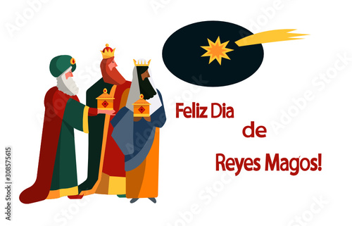 Cute flat illustration of traditional Spanish celebration Dia de Reyes Magos. Three wise men Magi with gifts for baby Jesus under leading holy star. For children greeting card design