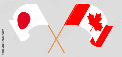 Crossed and waving flags of Canada and Japan