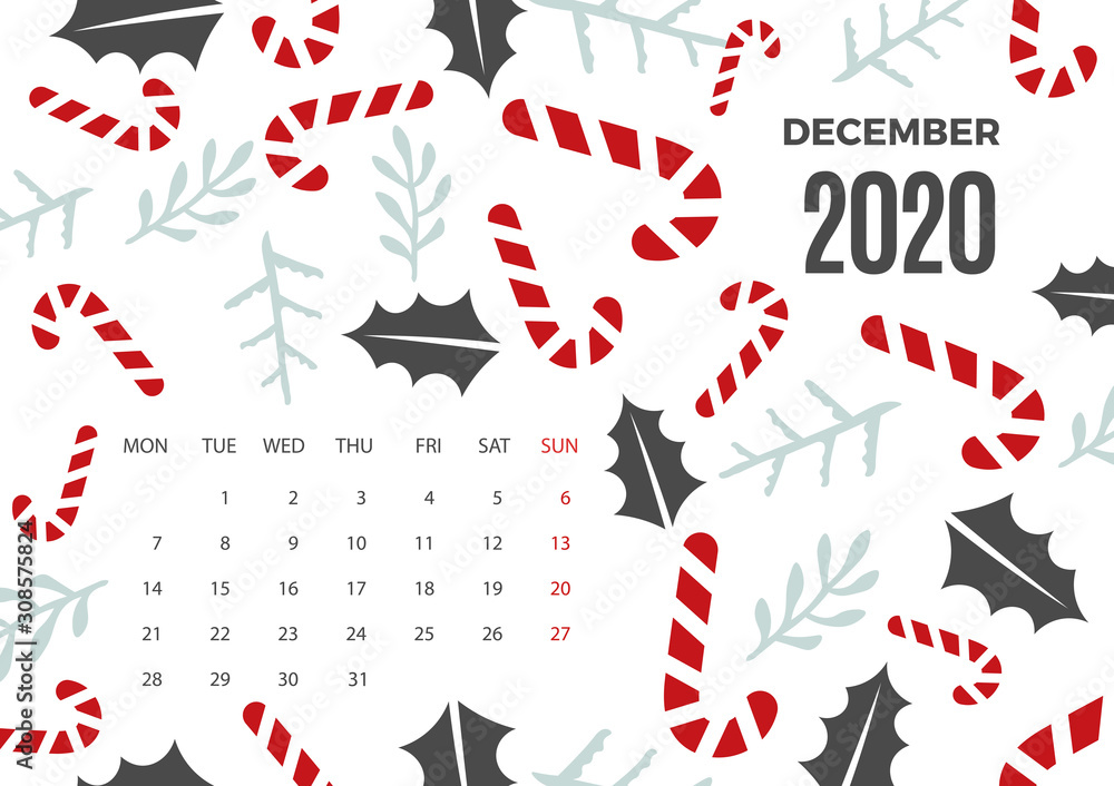 Wall December 2020 Calendar vector colorful template
