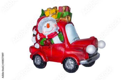 Toy snowman on vintage cars with gifts isolated on white background. Christmas decorations