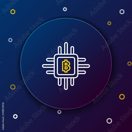 White and yellow line CPU mining farm icon on dark blue background. Bitcoin sign inside processor. Cryptocurrency mining community. Digital money. Colorful outline concept. Vector Illustration