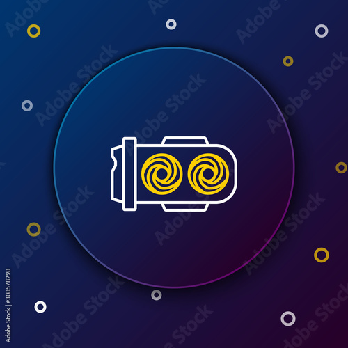 White and yellow line Mining farm icon on dark blue background. Cryptocurrency mining, blockchain technology, digital money market, cryptocoin wallet. Colorful outline concept. Vector Illustration