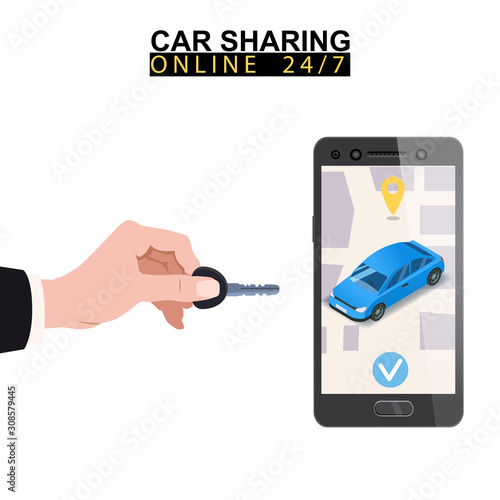 Car sharing isometric. Hand hold key smartphone screen with city map route and points location blue car