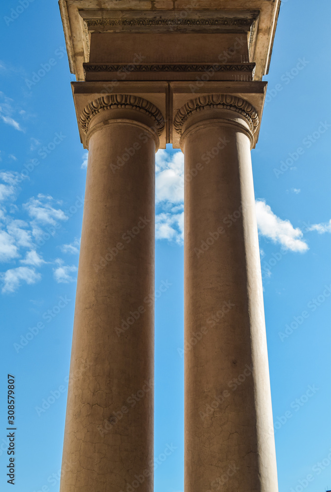Detail of antique column with blue background, Prague, Czech Republic
