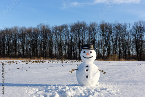 Funny snowman in stylish black hat on snowy field. Merry Christmass and happy New Year!