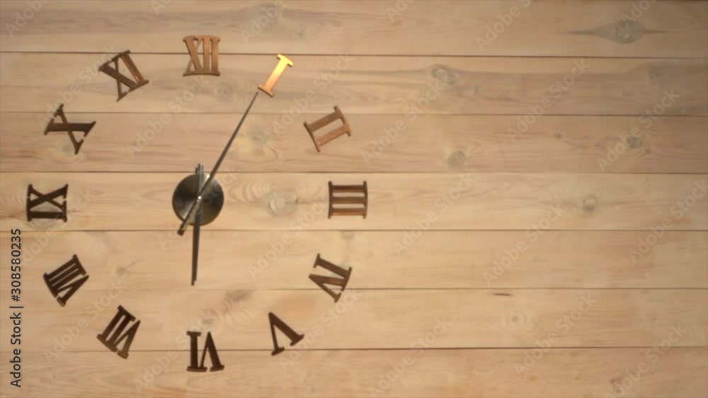 Clock on a wooden background. The hands of the clock make a complete