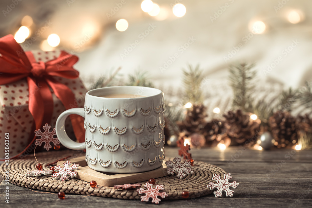 custom made wallpaper toronto digitalFestive background with Cup on wooden background with lights.