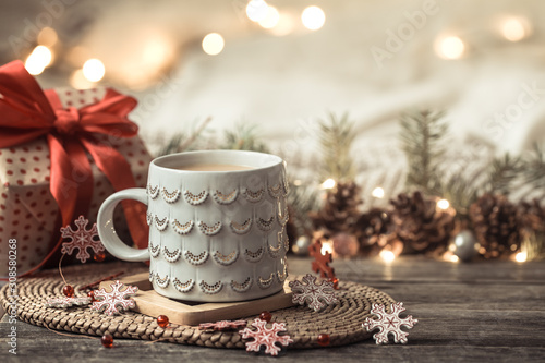 Wallpaper Mural Festive background with Cup on wooden background with lights. Torontodigital.ca