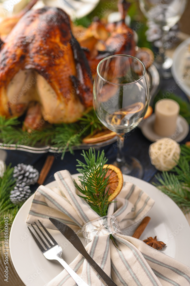 Festive turkey, on a served table, vertical frame Festive turkey, on a served table, vertical frame