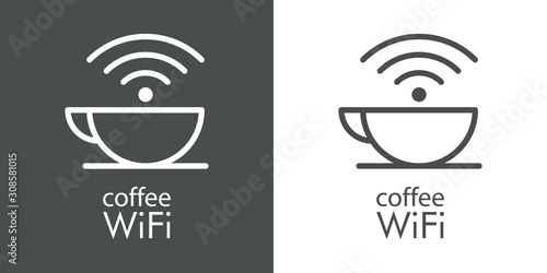 Logotipo lineal con texto coffee WiFi con taza con olas en fondo gris y fondo blanco