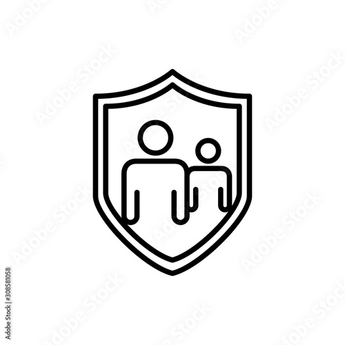Símbolo control parental. Icono plano lineal familia en escudo en color negro