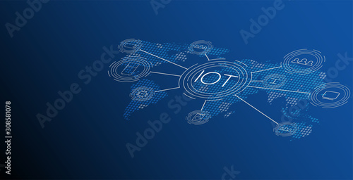Internet of things (IOT), devices and connectivity concepts on a network, cloud at center. digital circuit board above the planet Earth.