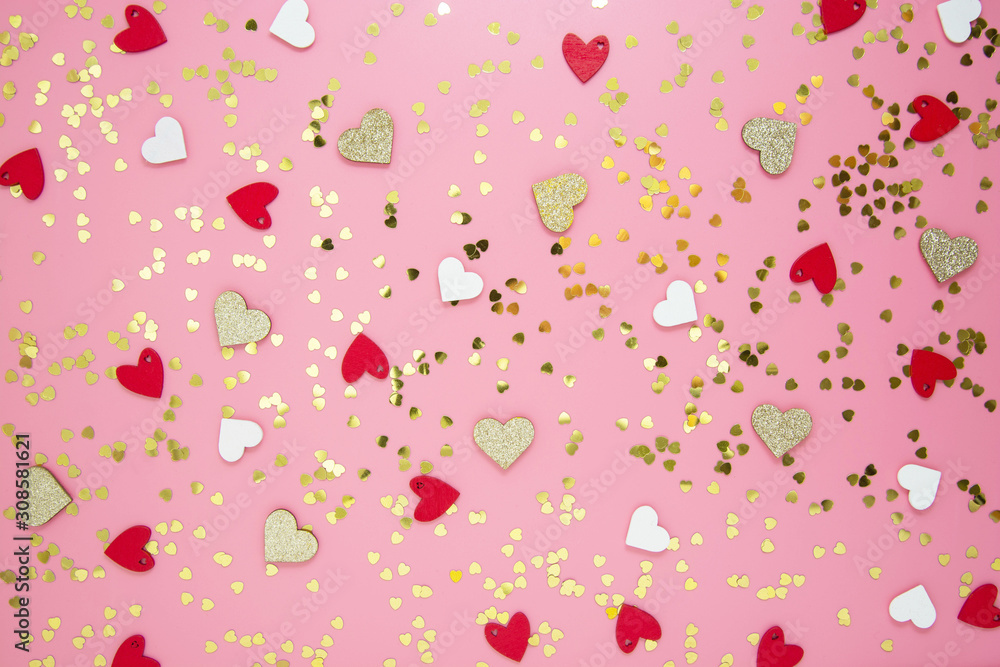 Table top view valentine's day pink background. Flat lay arrangement of hearts and golden glitter. Valentine's Day mock up.
