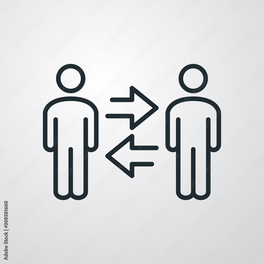 Símbolo comunicación. Icono plano lineal hombres con flechas en fondo gris Símbolo comunicación. Icono plano lineal hombres con flechas en fondo gris