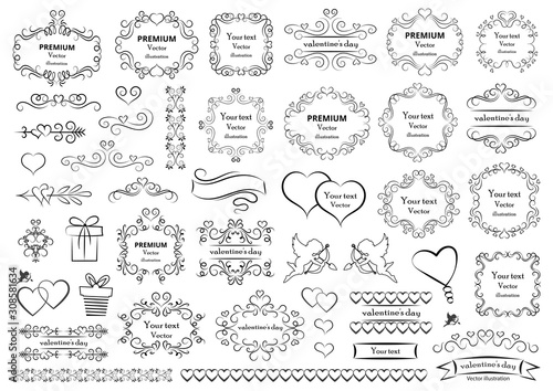 Calligraphic design elements . Decorative swirls and scrolls, vintage frames , flourishes, labels and dividers. Valentine's day special pack design elements. Retro vector illustration.