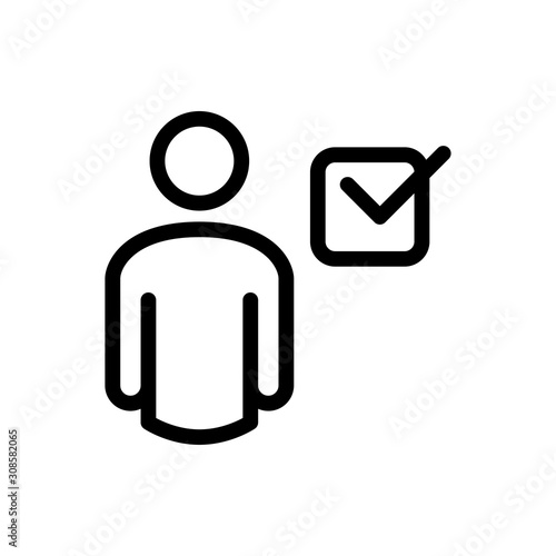 Contacto aceptado. Usuario aceptado. Icono plano lineal hombre con casilla de verificación en color negro