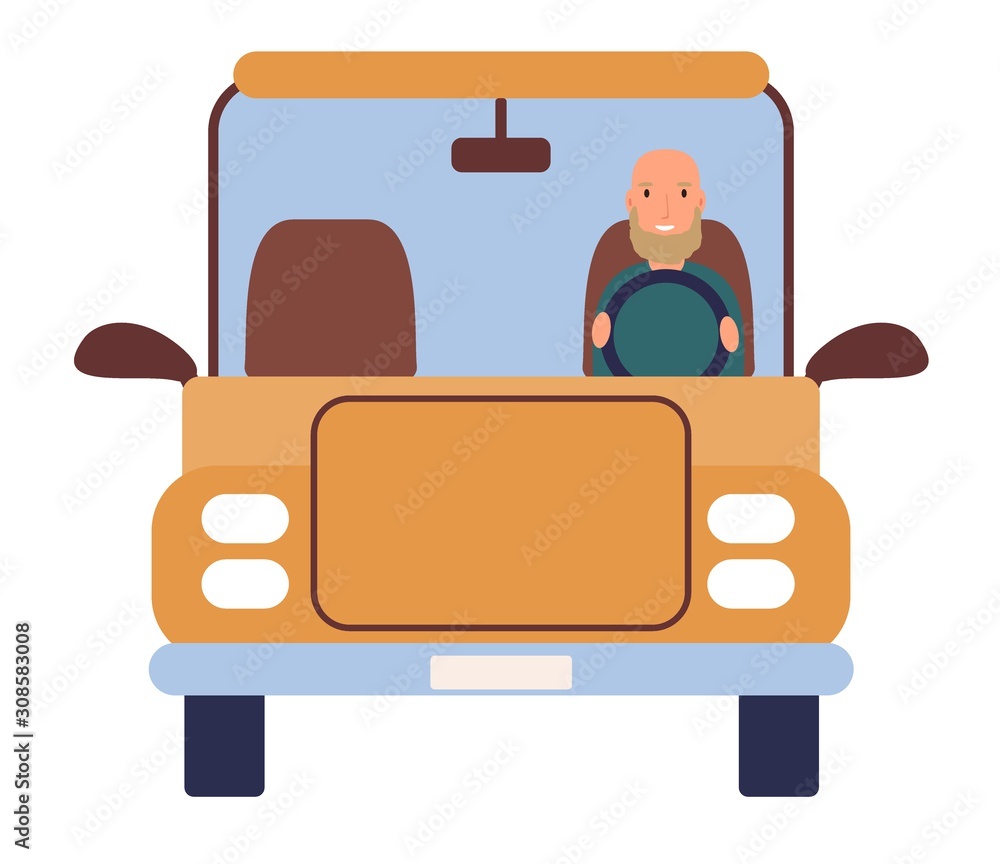 Funny people driving cars isolated on white background. Men in automobile. Front view. Colorful vector illustration in flat cartoon style. Funny people driving cars isolated on white background. Men in automobile. Front view. Colorful vector illustration in flat cartoon style.