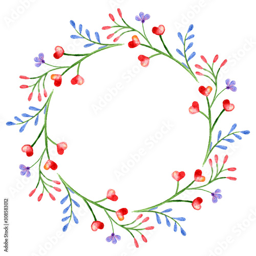 Watercolor wreath. Frame with spring flowers. Circular hand-drawn design