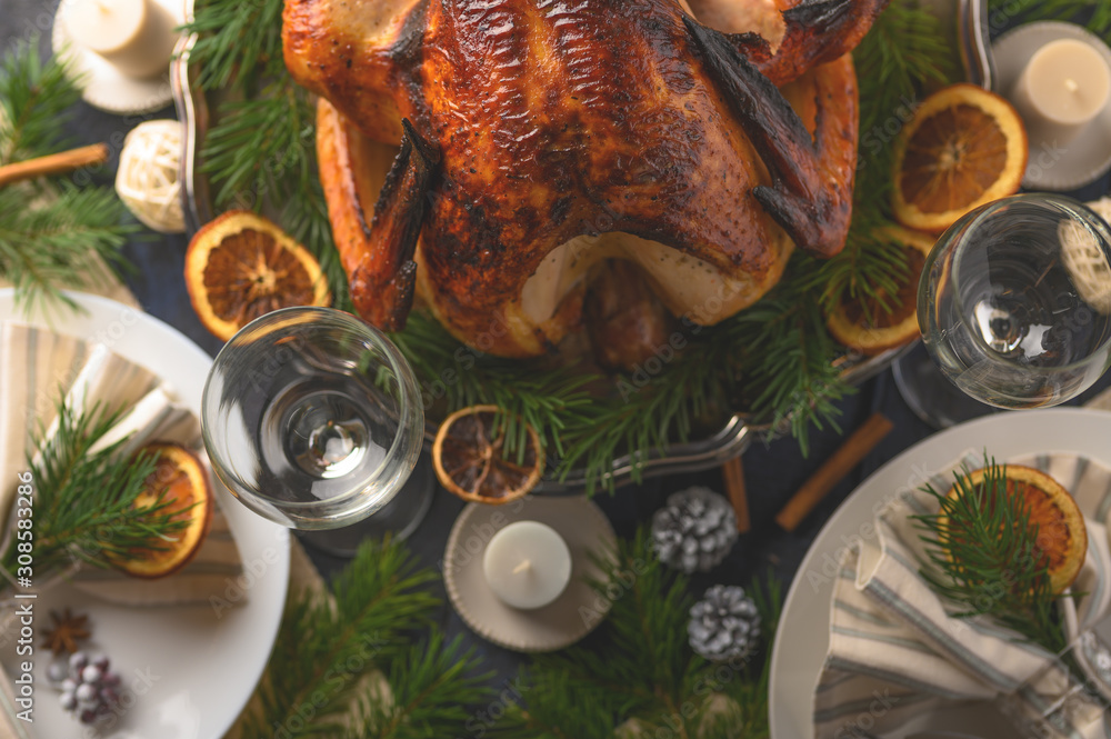 Festive turkey, on a served table, recipes, horizontal frame