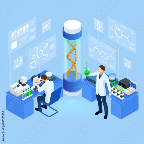 Isometric concept of laboratory exploring new methods of plant breeding and agricultural genetics. Plants growing in the test tubes. Organic food ,agriculture and hydroponic