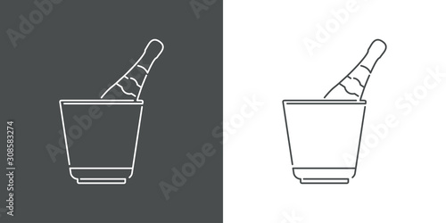 Icono plano lineal cubo con botella de champaña en fondo gris y fondo blanco