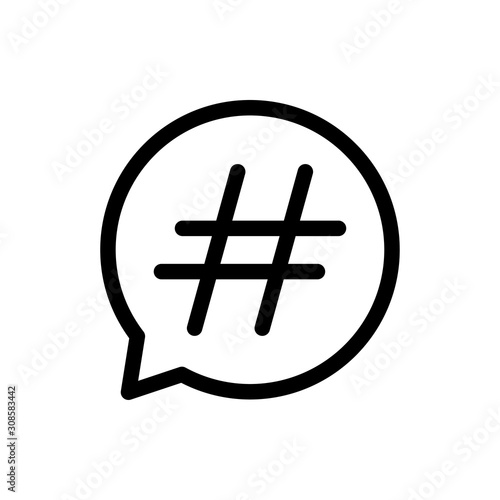 Icono plano lineal símbolo hashtag de red social en burbuja habla en color negro