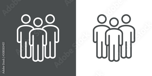Símbolo trabajo en equipo. Icono plano lineal grupo de 3 personas en fondo gris y fondo blanco