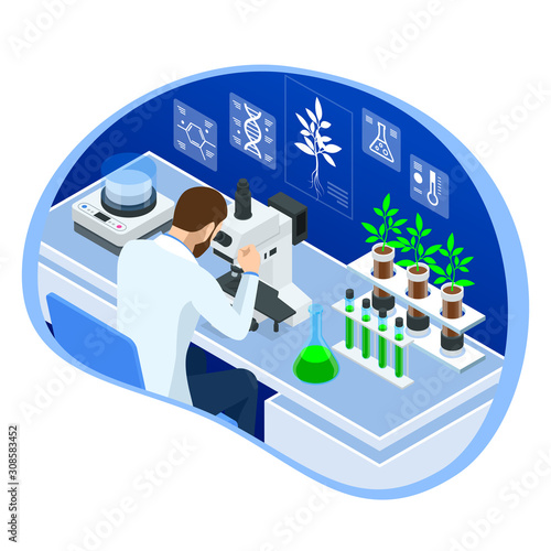 Isometric concept of laboratory exploring new methods of plant breeding and agricultural genetics. Plants growing in the test tubes. Organic food ,agriculture and hydroponic
