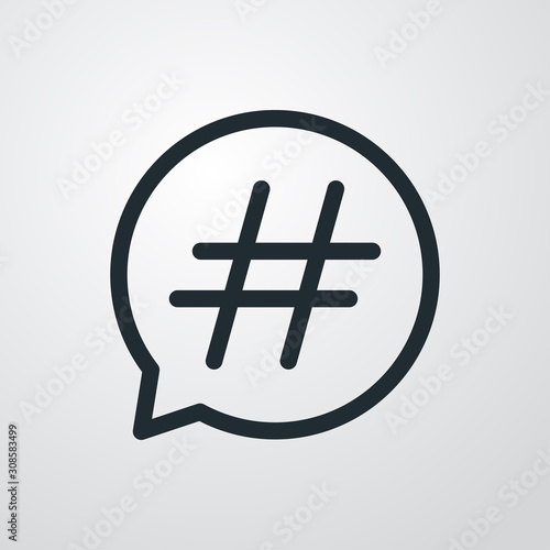 Icono plano lineal símbolo hashtag de red social en burbuja habla en fondo gris