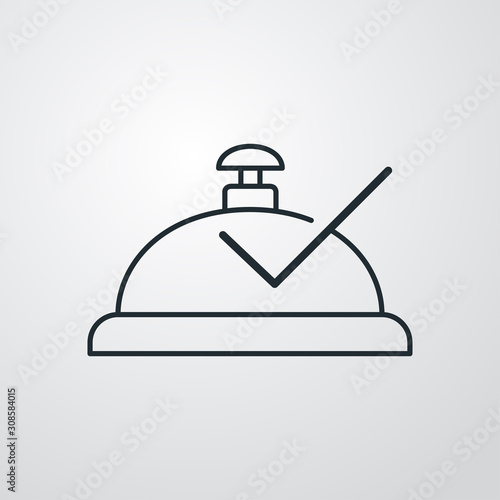 Icono plano lineal campana de recepción de hotel con tilde en fondo gris