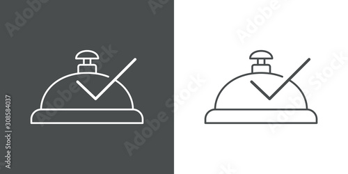 Icono plano lineal campana de recepción de hotel con tilde en fondo gris y fondo blanco