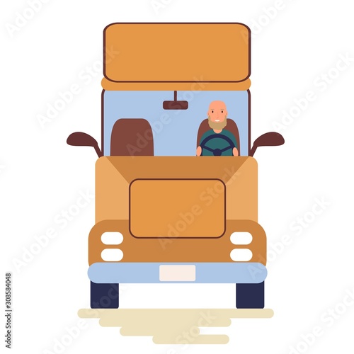 Funny people driving cars isolated on white background. Cute men in truck. Front view. Colorful vector illustration in flat cartoon style.