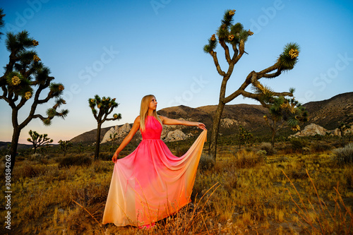 Elegant woman  wearing a fancy dress and standing like a fairy among the Joshua Trees at sunset
