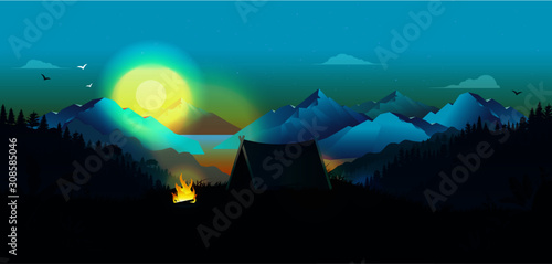 Tent on hill at night panorama. Fireplace burning, great view of the wilderness, mountains, ocean and forest in the background. Travelling, hiking and freedom concept.