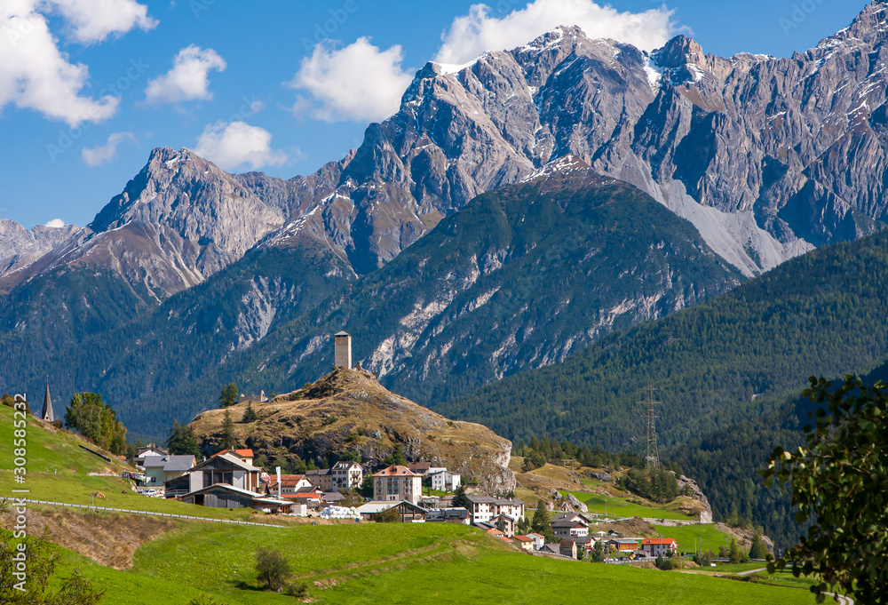 Swiss alpine landscape with the town Ardez