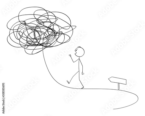 Vector cartoon stick figure drawing conceptual illustration of man or businessman walking on the path or road forward, future is not sure. Business concept of chaos and instability.