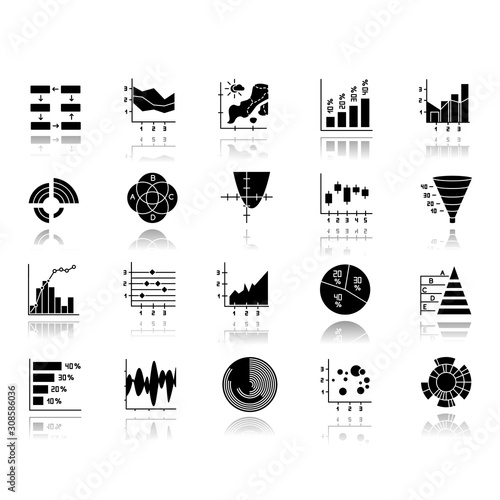 Chart and graph drop shadow black glyph icons set. Pie, Venn diagram. Horizontal, vertical histogram. Scatter, area chart. Pareto curve. Temperature map. Polar watch. Isolated vector illustrations