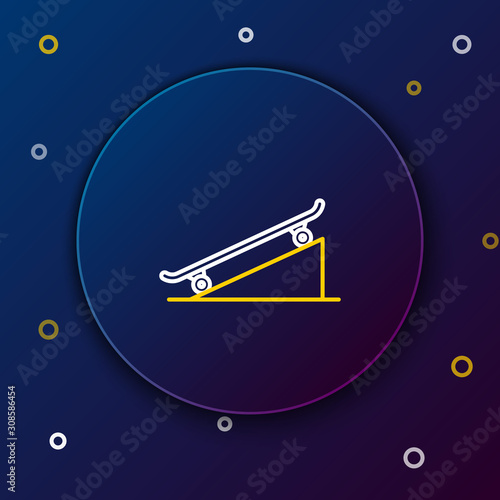 White and yellow line Skateboard on street ramp icon isolated on dark blue background. Extreme sport. Sport equipment. Colorful outline concept. Vector Illustration