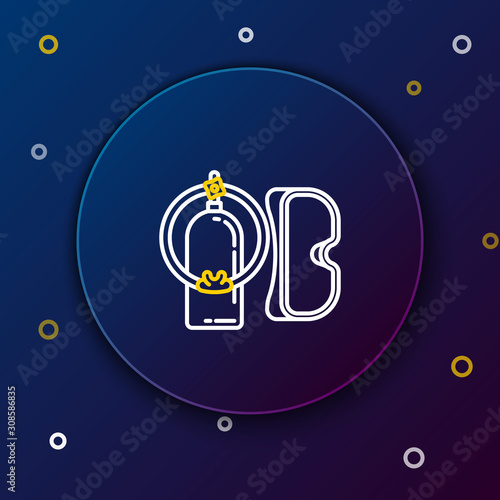 White and yellow line Diving mask and aqualung icon isolated on dark blue background. Oxygen tank for diver. Extreme sport. Sport equipment. Colorful outline concept. Vector Illustration