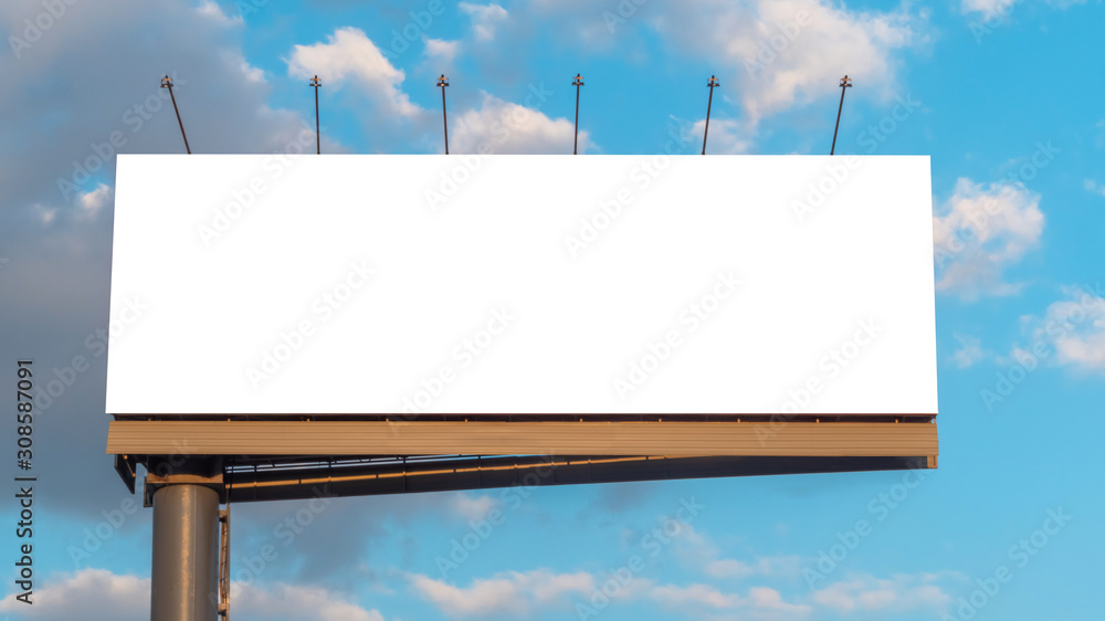 Mock up image: wide blank white billboard or large display and clouds against sunset blue sky. Consumerism, mockup, advertising, isolated white screen, background, template, copyspace concept Mock up image: wide blank white billboard or large display and clouds against sunset blue sky. Consumerism, mockup, advertising, isolated white screen, background, template, copyspace concept