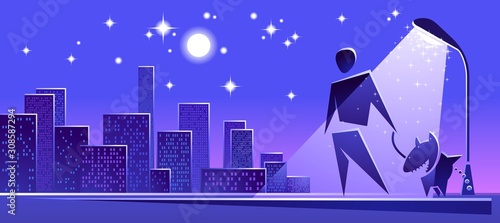 Man and dog in town, Flat style, Vector, landscape, abstract