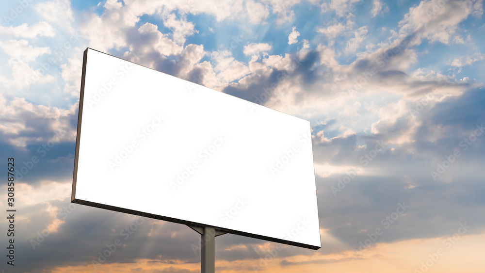Mock up image: blank white billboard or large display with sun beams shining through clouds at sunset. Consumerism, mockup, advertising, isolated white screen, template, copy space concept Mock up image: blank white billboard or large display with sun beams shining through clouds at sunset. Consumerism, mockup, advertising, isolated white screen, template, copy space concept