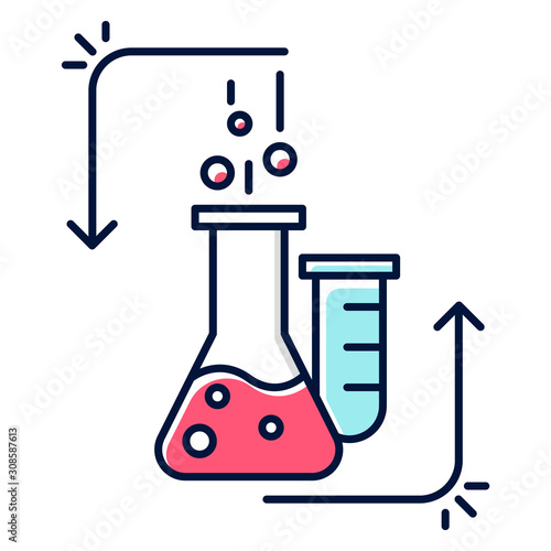 Chemical reaction in lab flask color icon. Organic chemistry. Conducting experiment. Laboratory work. Interaction with chemicals. Scientific research, practice. Isolated vector illustration