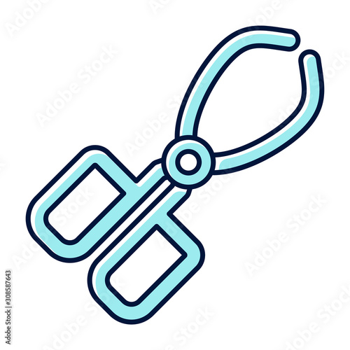 Crucible tongs blue color icon. Surgeon, doctor, dentist equipment. Stainless steel laboratory instrument. Beaker pliers. Forceps clamp. Organic chemistry. Isolated vector illustration