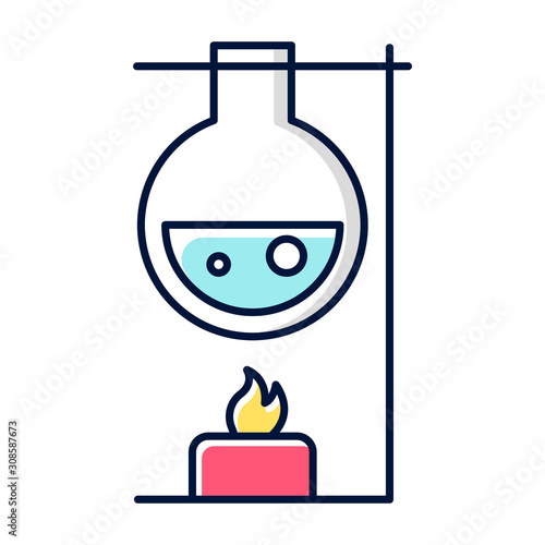 Heating laboratory flask with candle color icon. Conducting experiment. Laboratory work. Interaction with chemicals. Scientific research, practice. Organic chemistry. Isolated vector illustration