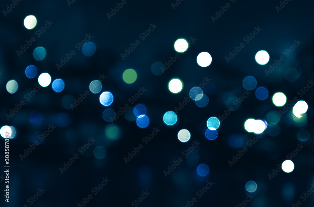 Dark blue background with blue and green bokeh lights - obrazy, fototapety, plakaty 