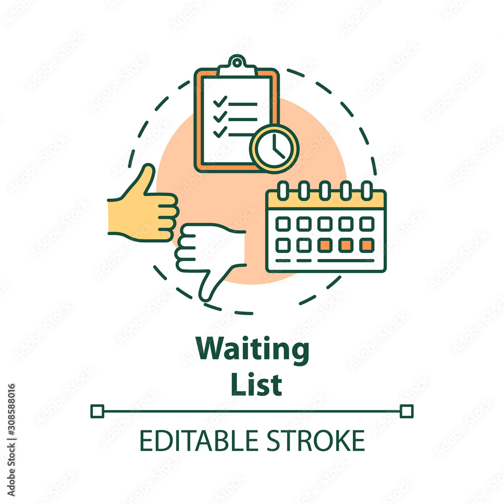 Waiting list concept icon. Planning. Time management. Tasks prioritization. Strategy development. Deadlines idea thin line illustration. Vector isolated outline drawing. Editable stroke Waiting list concept icon. Planning. Time management. Tasks prioritization. Strategy development. Deadlines idea thin line illustration. Vector isolated outline drawing. Editable stroke