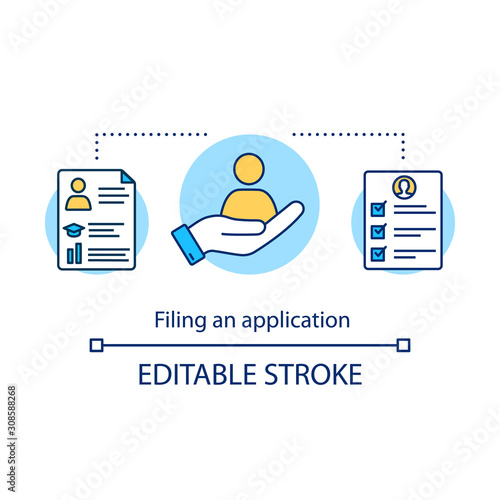 Filling an application concept icon. Submission of documents. Recruitment service. Suitable candidate. Staff search idea thin line illustration. Vector isolated outline drawing. Editable stroke