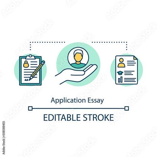 Application essay concept icon. Job search. Summary and curriculum vitae. Seeking employment. Letter of recommendation idea thin line illustration. Vector isolated outline drawing. Editable stroke